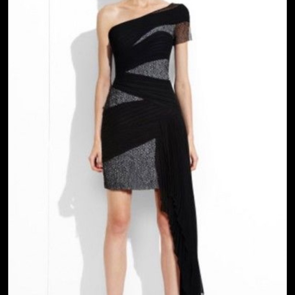 BCBG black lace overlay one shoulder dress